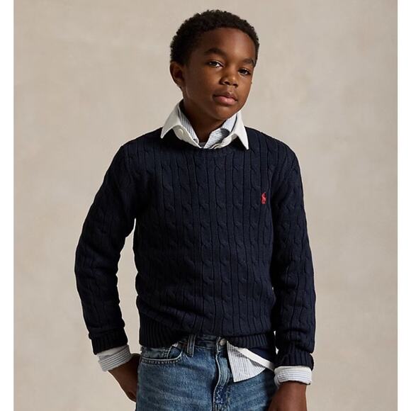 Polo Ralph Lauren Boys Large (14-16) Cable Knit Sweater Cotton Crewneck Blue - Picture 1 of 8